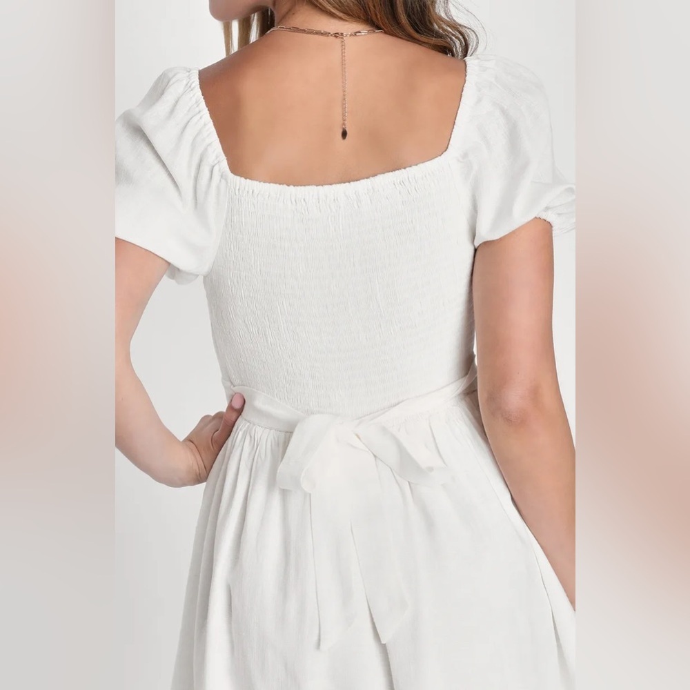 LULUS Effortlessly Endearing White Puff Sleeve Smocked Mini Dress S in Ivory - Picture 3 of 16